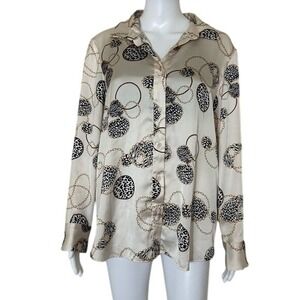 BB Dakota Long Sleeve Flowy Chiffon Button Down Braking Chains Print Blouse L